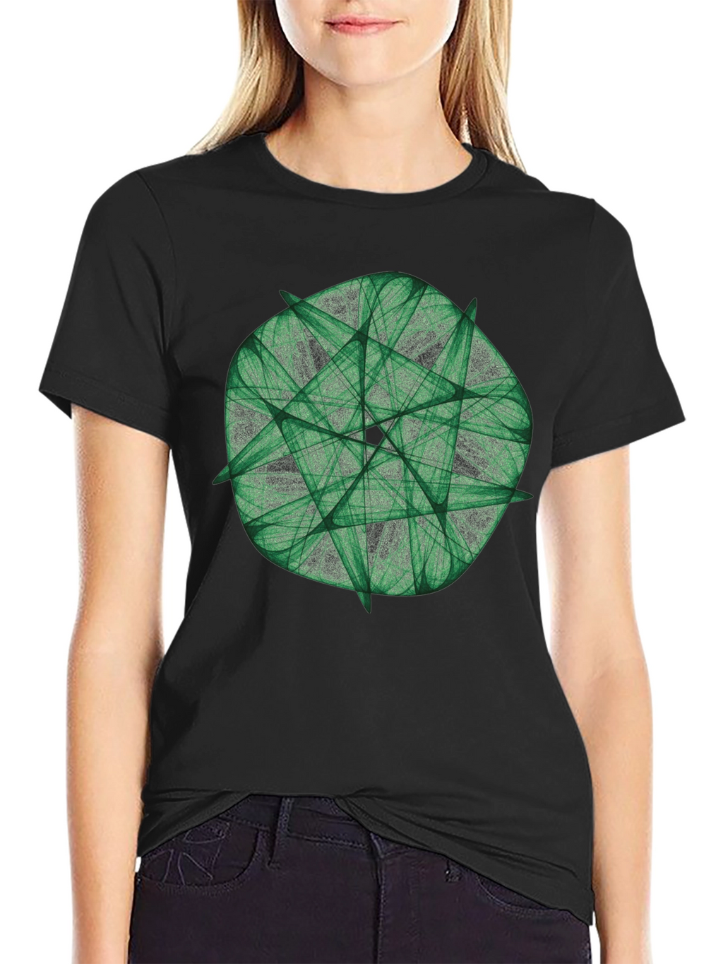Green Fractal Geometric Graphic Print Black T-Shirt