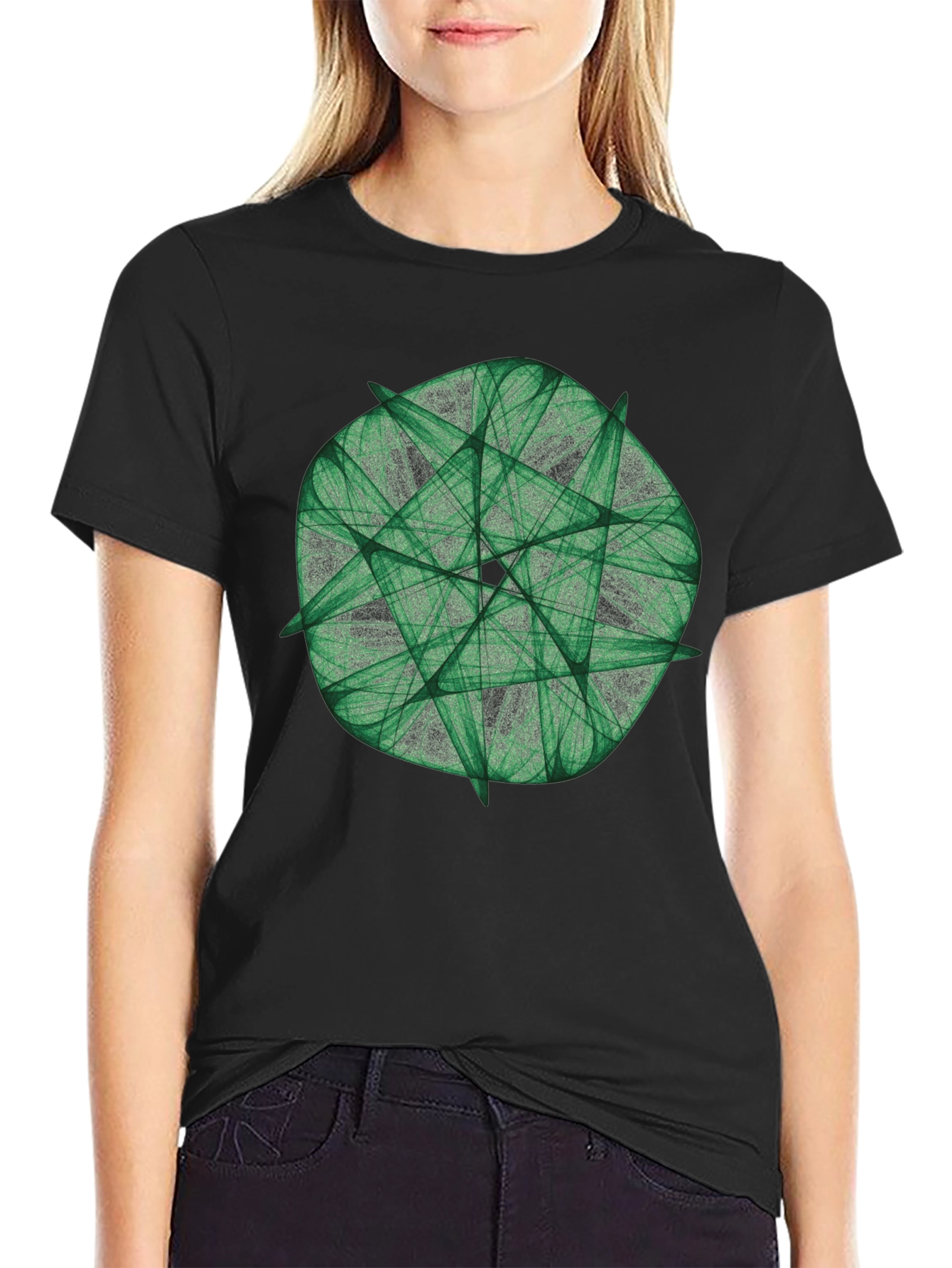 Green Fractal Geometric Graphic Print Black T-Shirt