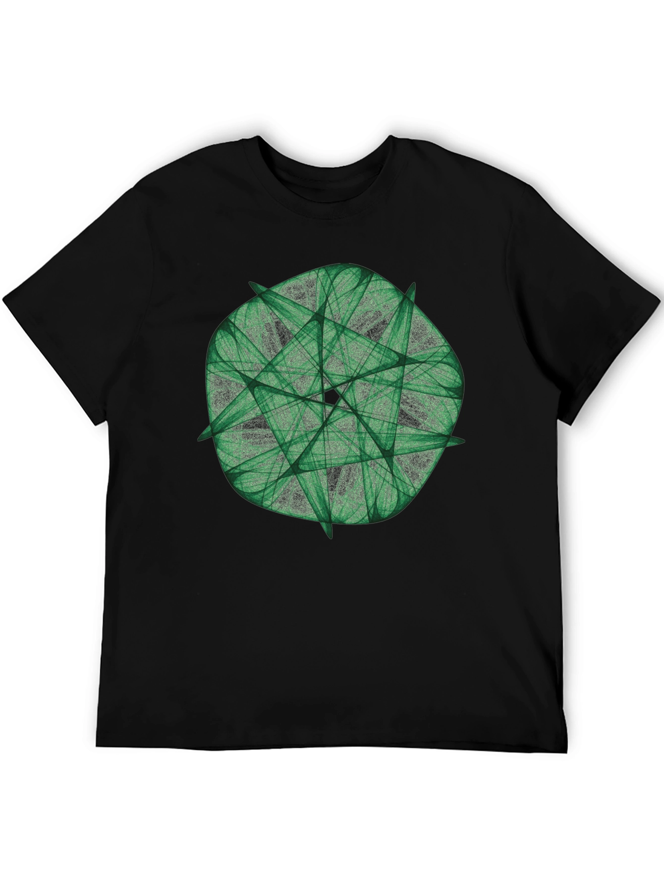 Green Fractal Geometric Graphic Print Black T-Shirt