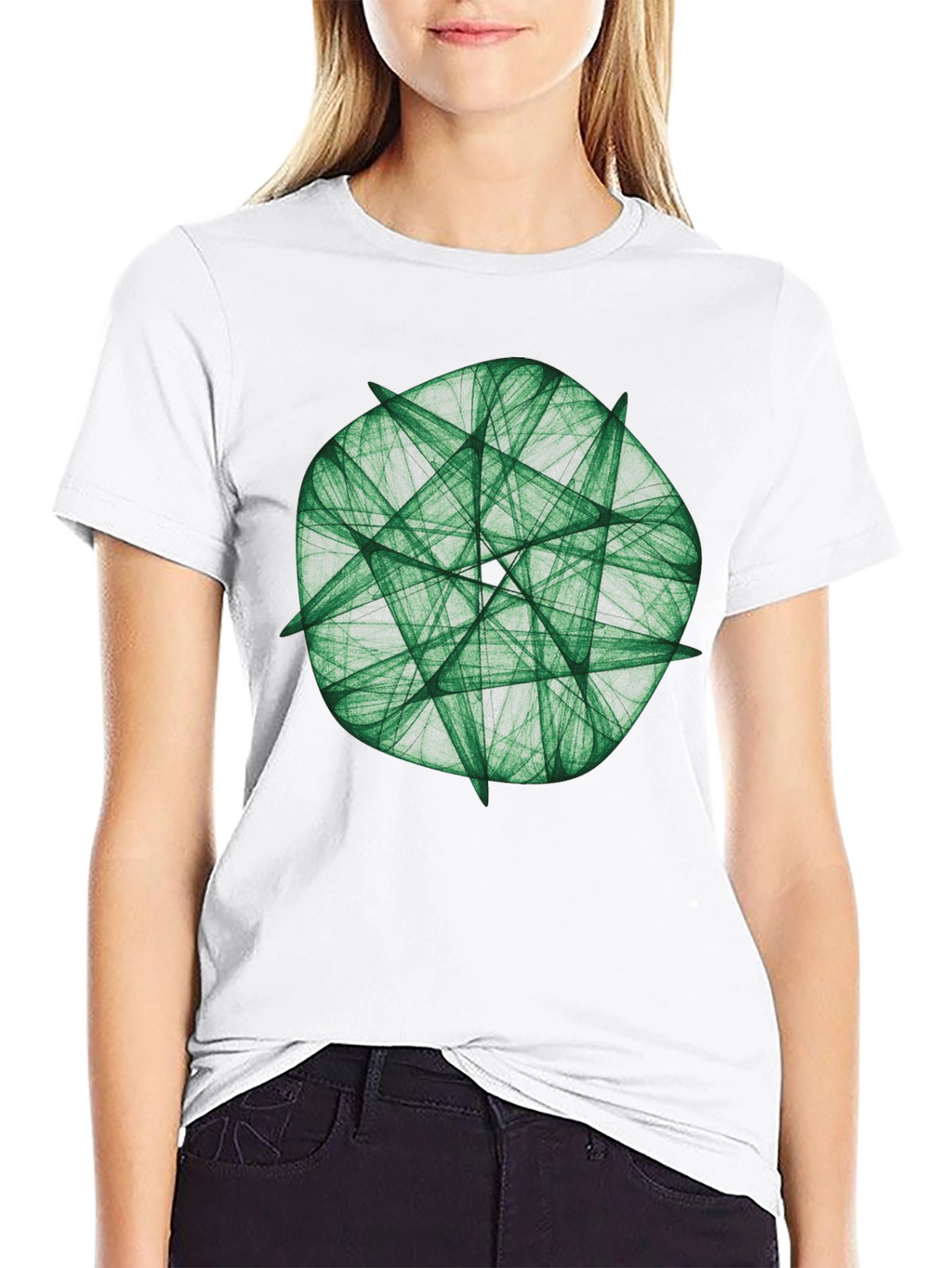 Green Fractal Geometric Graphic Print Black T-Shirt