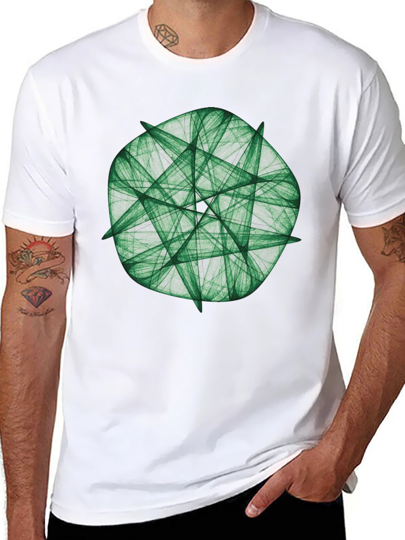 Green Fractal Geometric Graphic Print Black T-Shirt