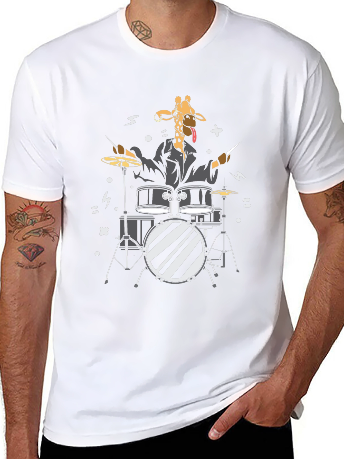 Giraffe Drummer Graphic T-Shirt - Black Cotton Tee