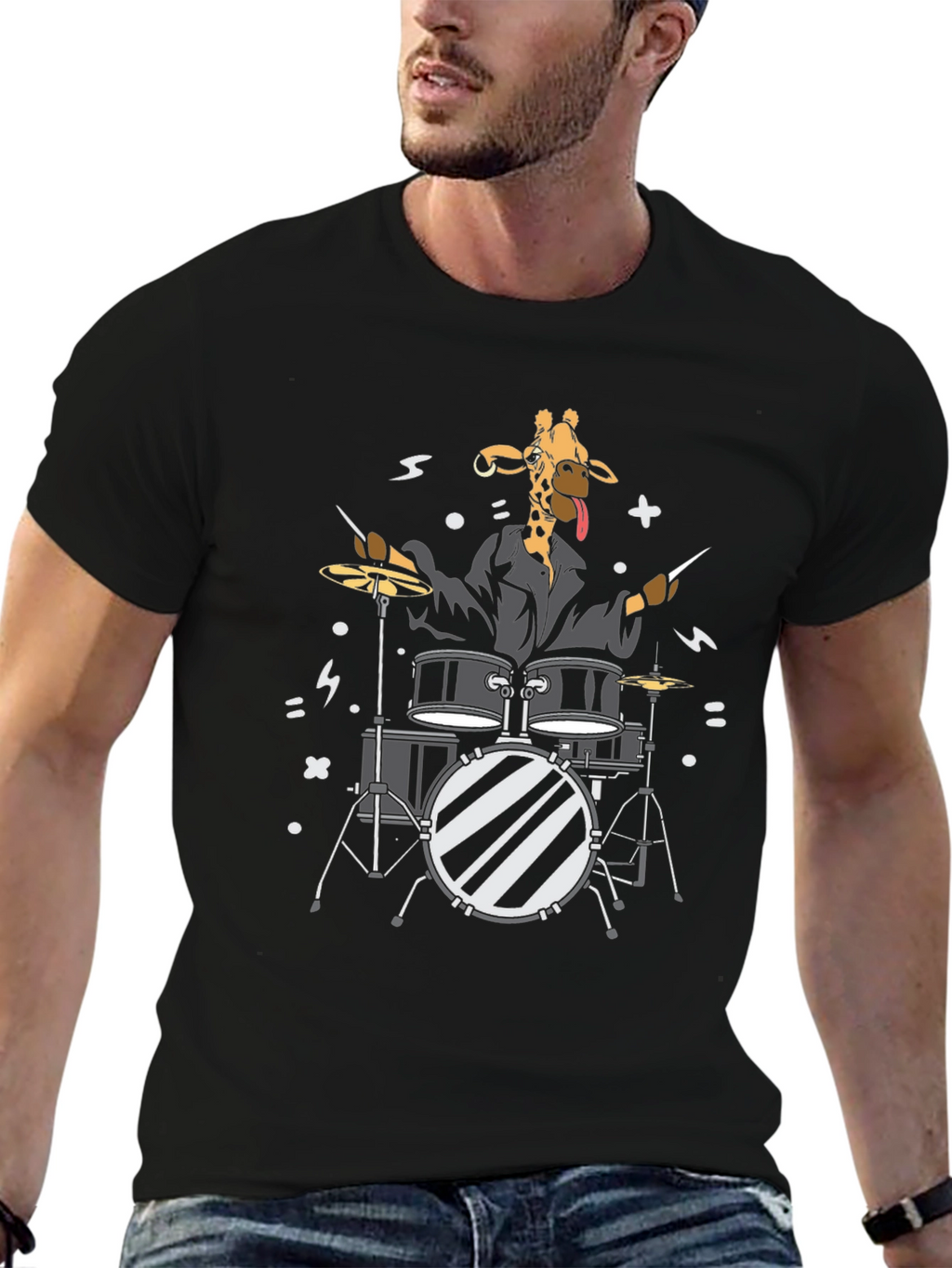 Giraffe Drummer Graphic T-Shirt - Black Cotton Tee