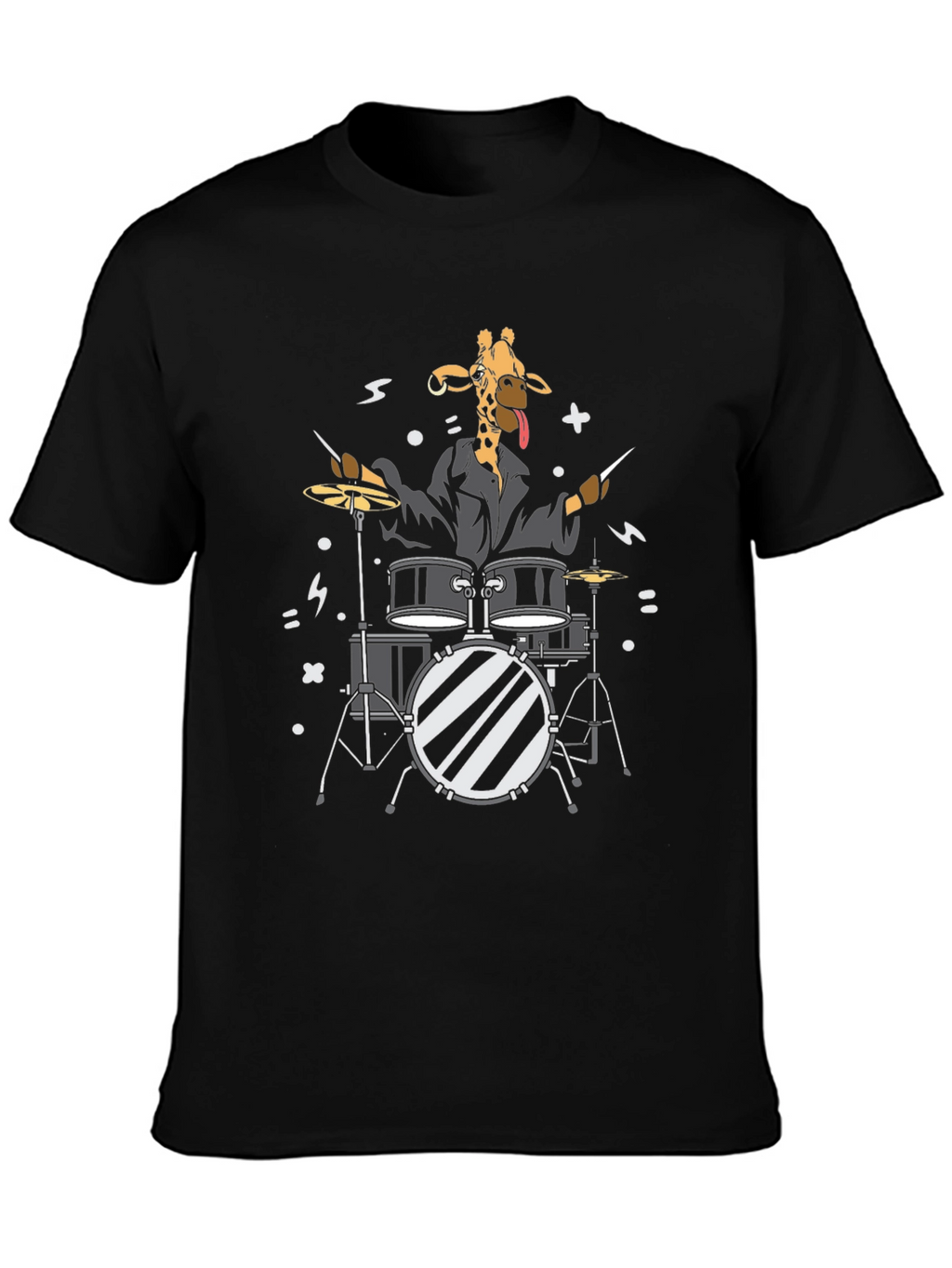 Giraffe Drummer Graphic T-Shirt - Black Cotton Tee
