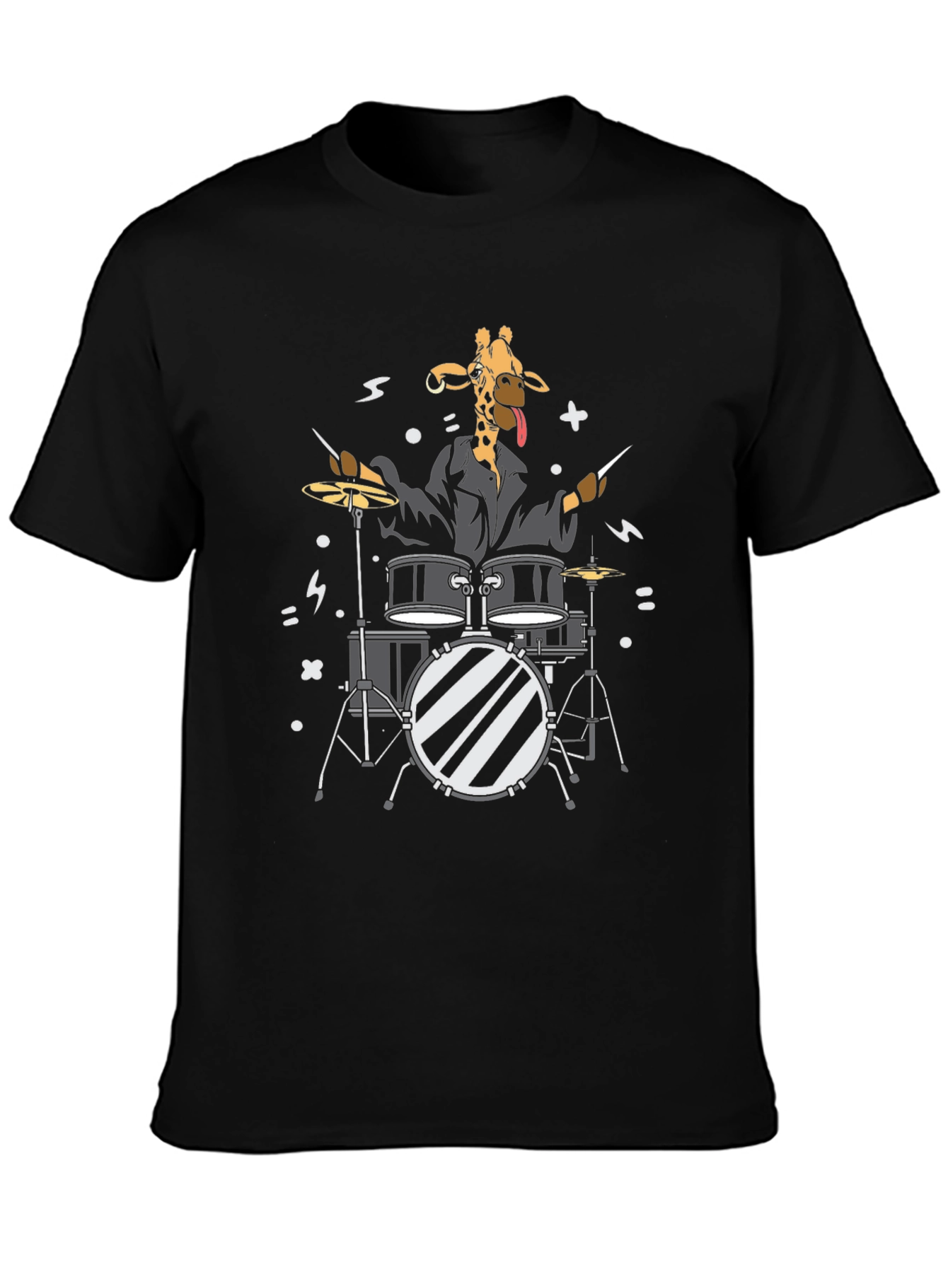 Giraffe Drummer Graphic T-Shirt - Black Cotton Tee