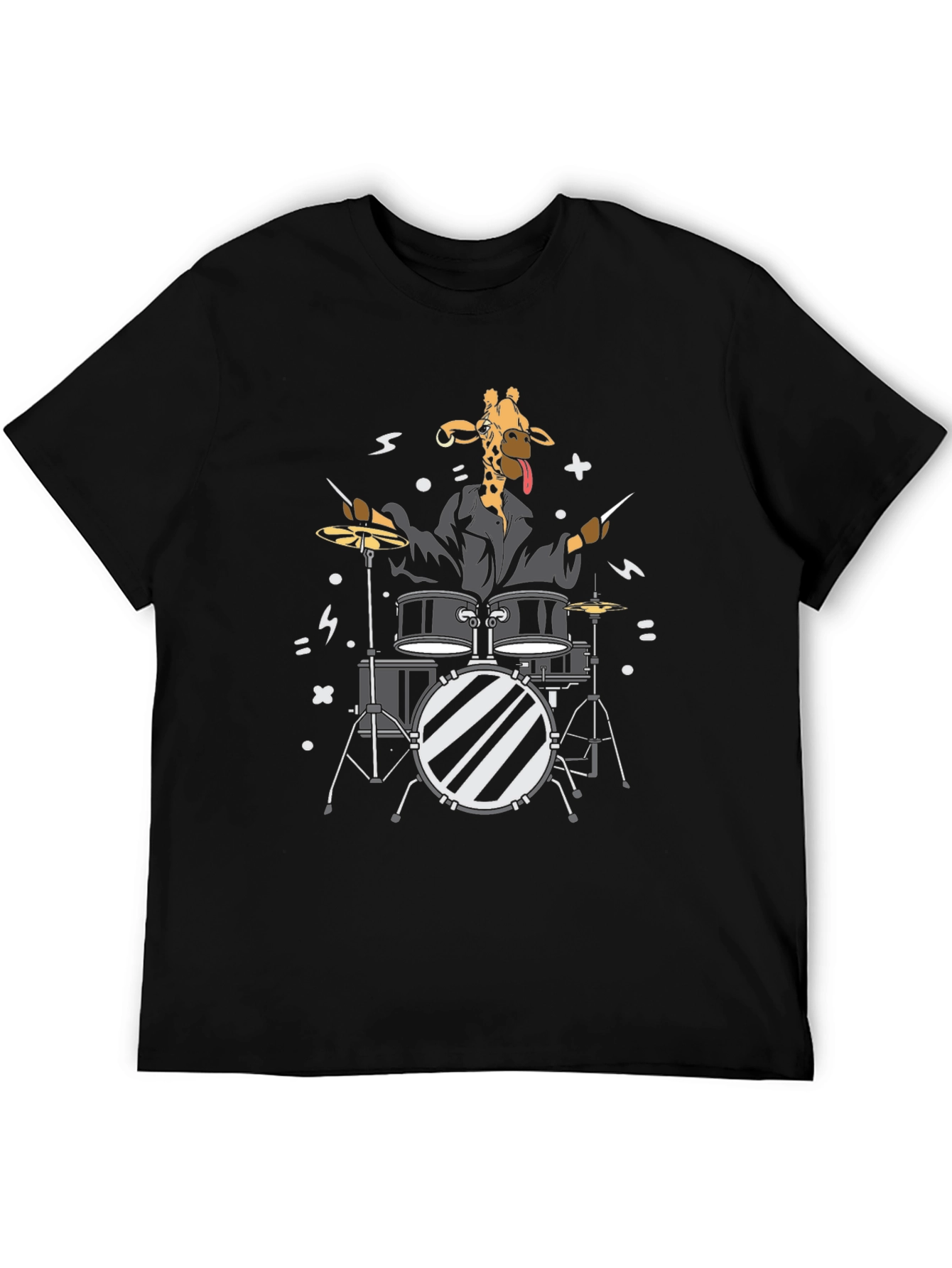 Giraffe Drummer Graphic T-Shirt - Black Cotton Tee