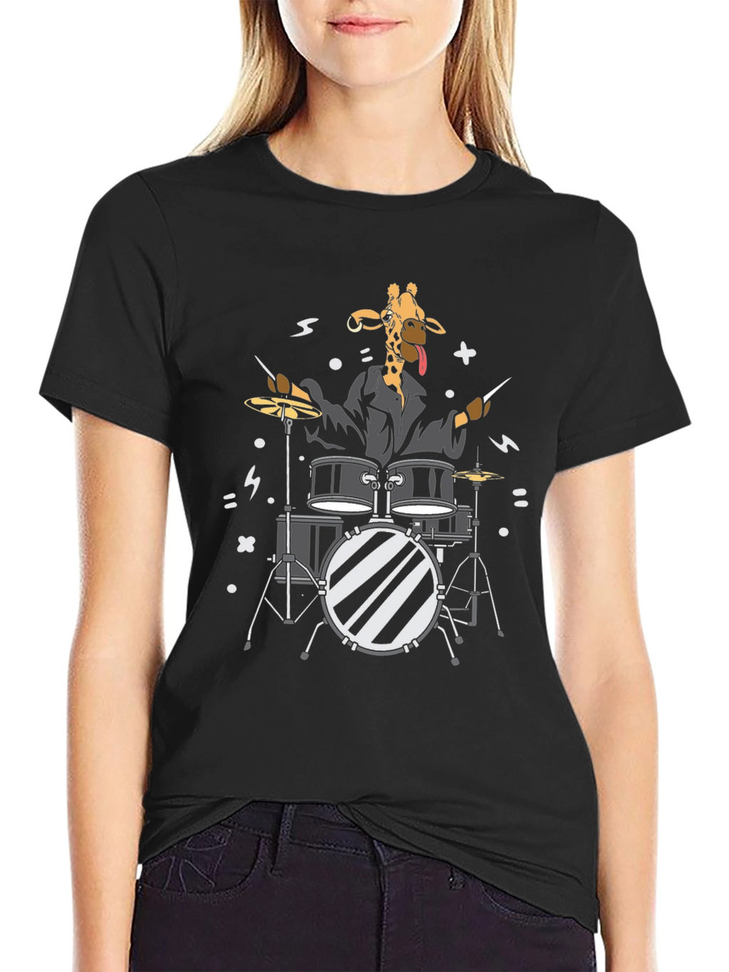 Giraffe Drummer Graphic T-Shirt - Black Cotton Tee