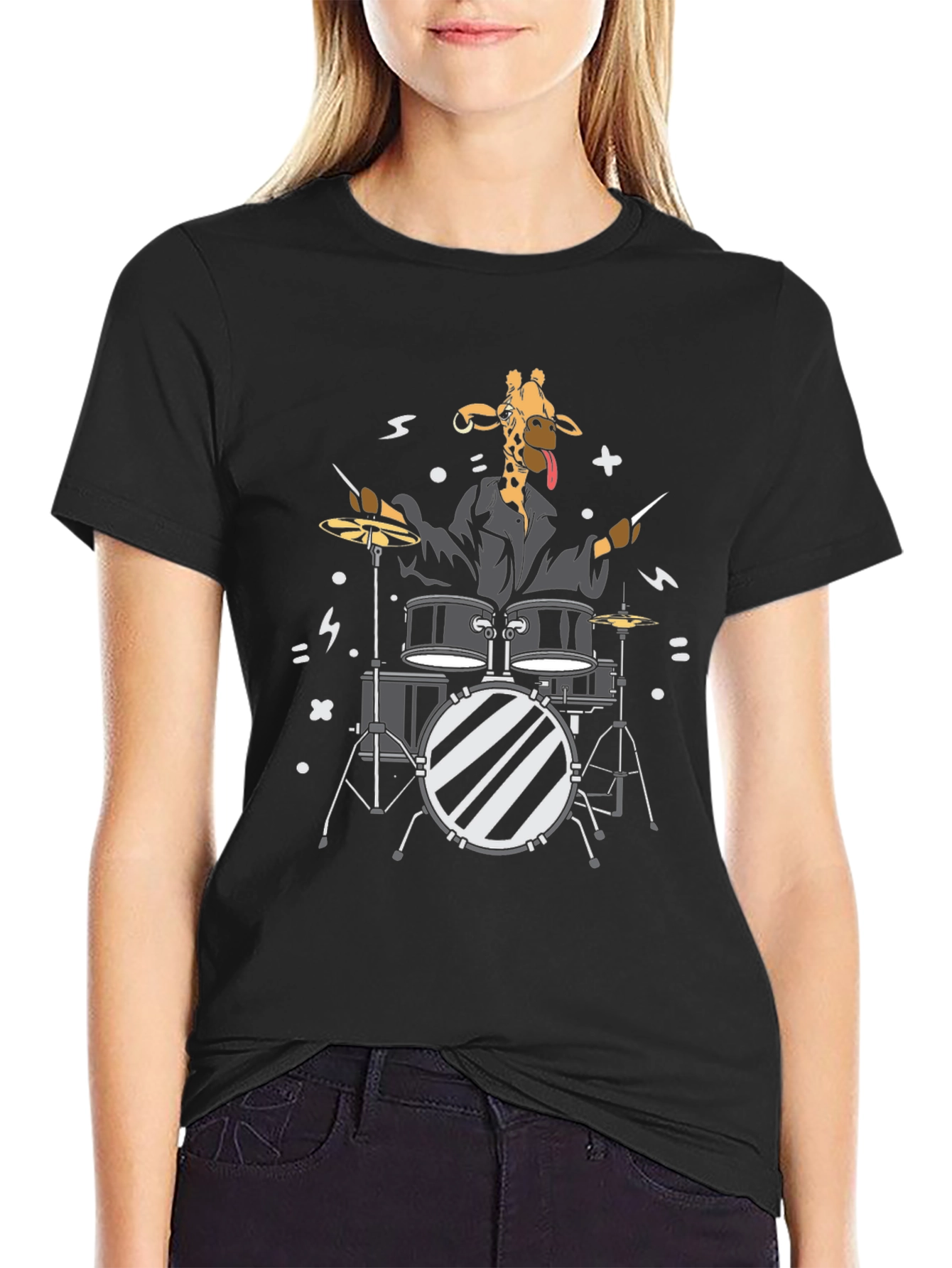 Giraffe Drummer Graphic T-Shirt - Black Cotton Tee