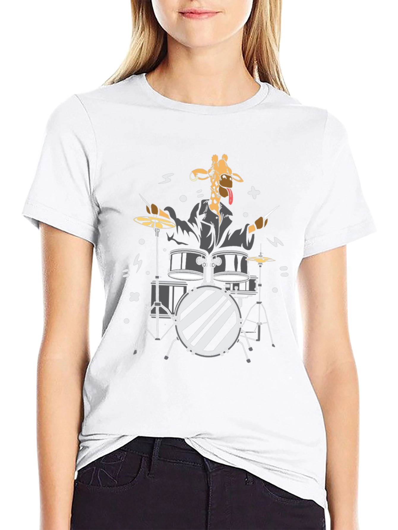 Giraffe Drummer Graphic T-Shirt - Black Cotton Tee