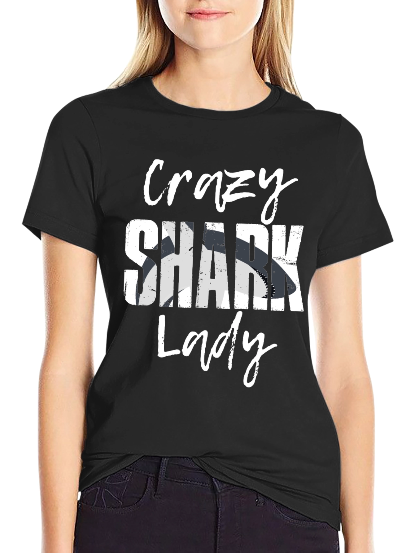 Crazy Shark Lady Graphic T-Shirt - Black Cotton Tee
