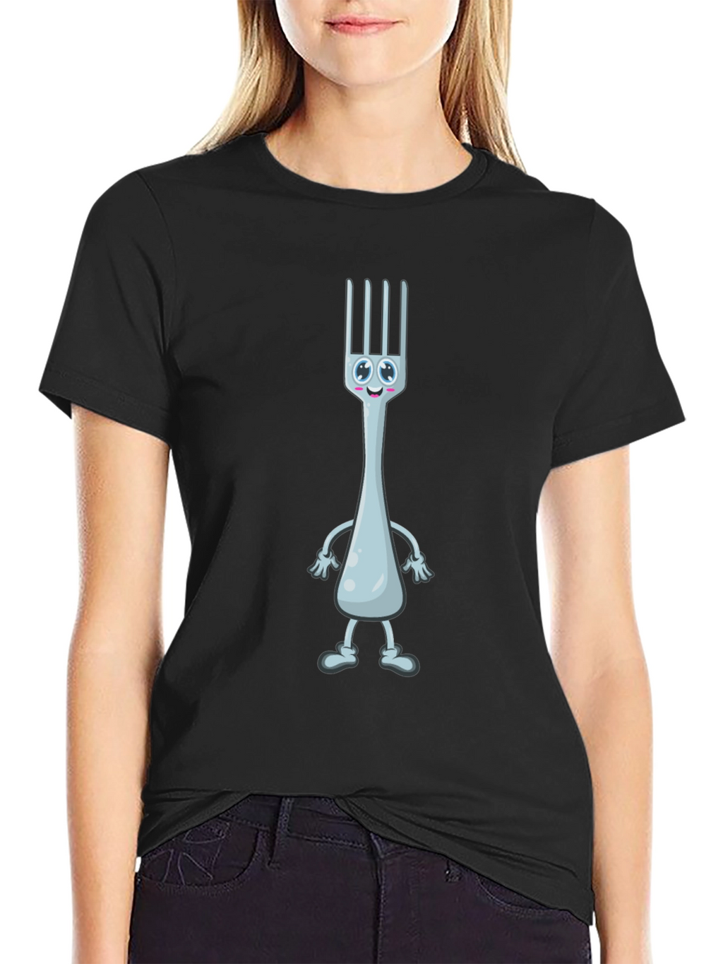 Funny Fork Cartoon Black T-Shirt