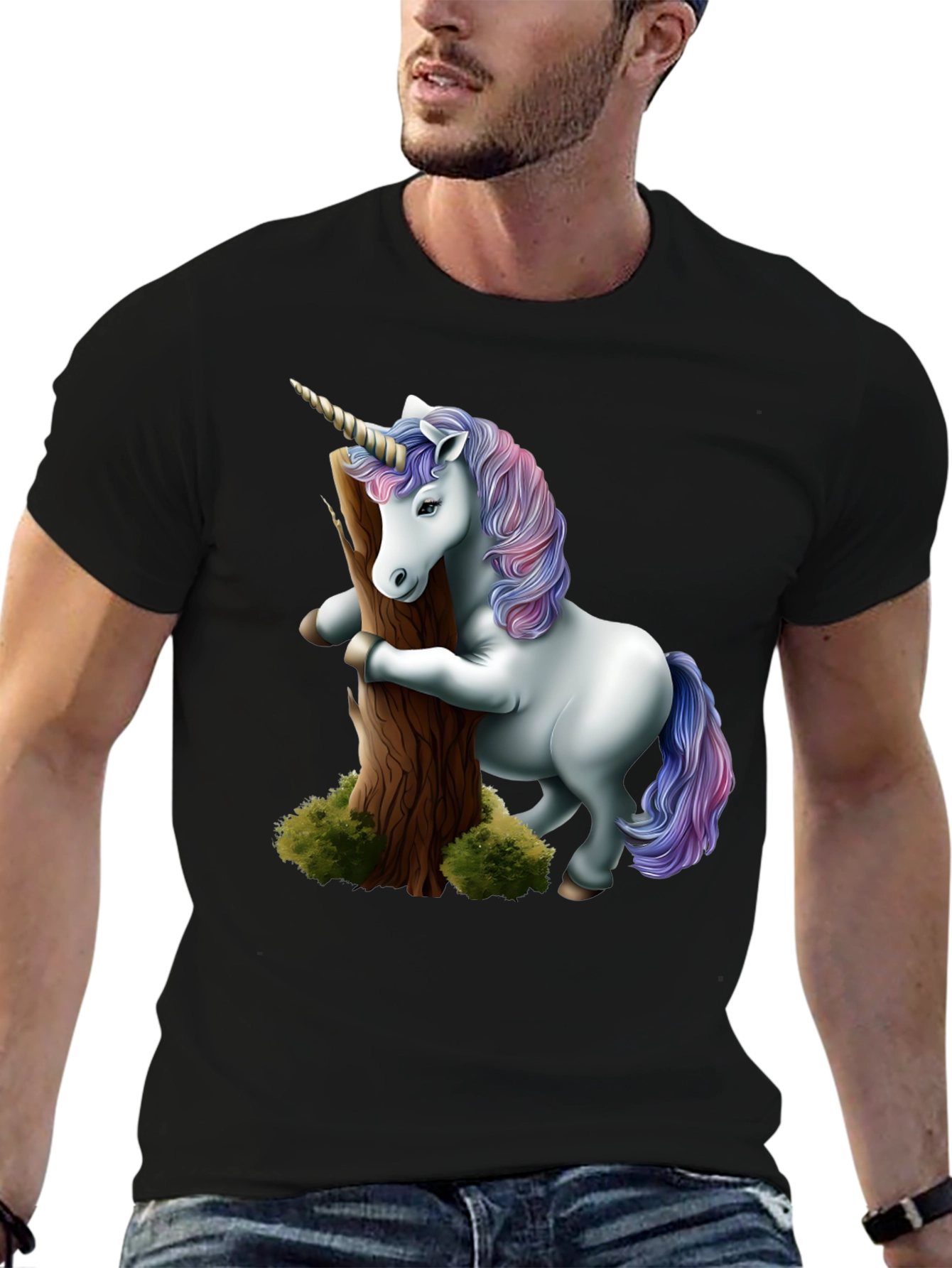 Unicorn Hugging Tree Black T-Shirt