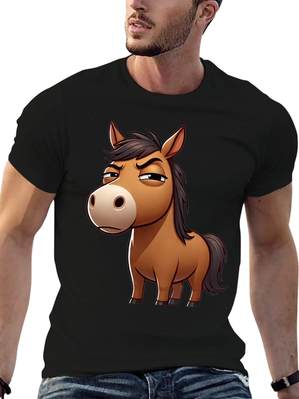 Funny Grumpy Horse Cartoon Black T-Shirt