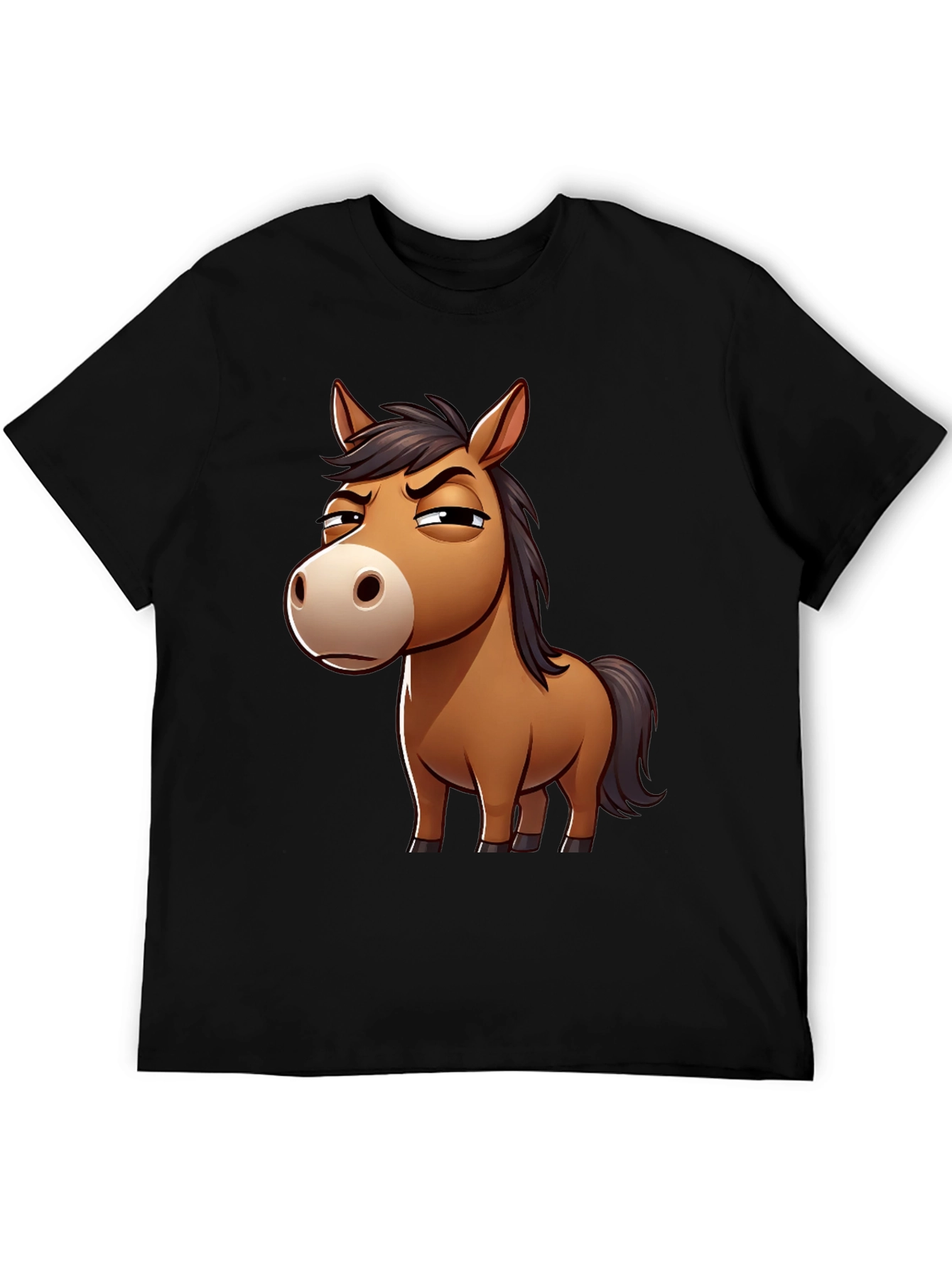 Funny Grumpy Horse Cartoon Black T-Shirt