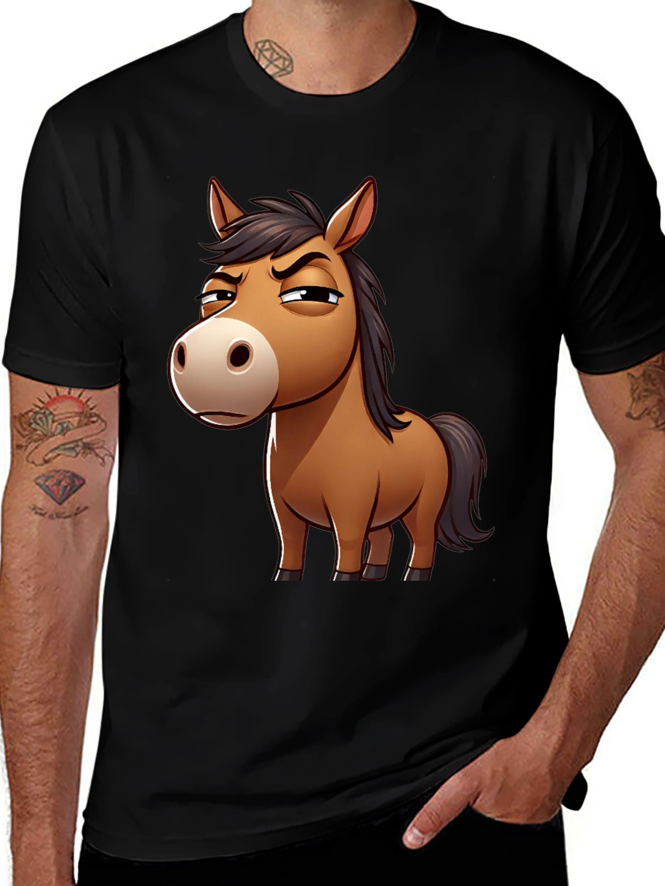 Funny Grumpy Horse Cartoon Black T-Shirt