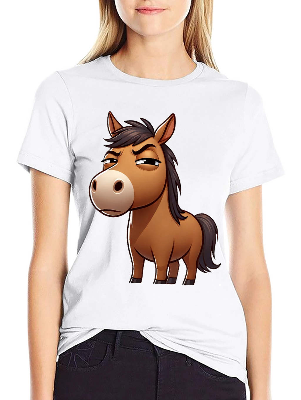 Funny Grumpy Horse Cartoon Black T-Shirt
