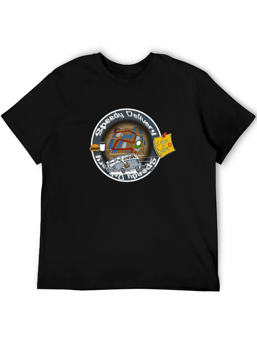 Speedy Delivery Black T-Shirt - Food and Map Design