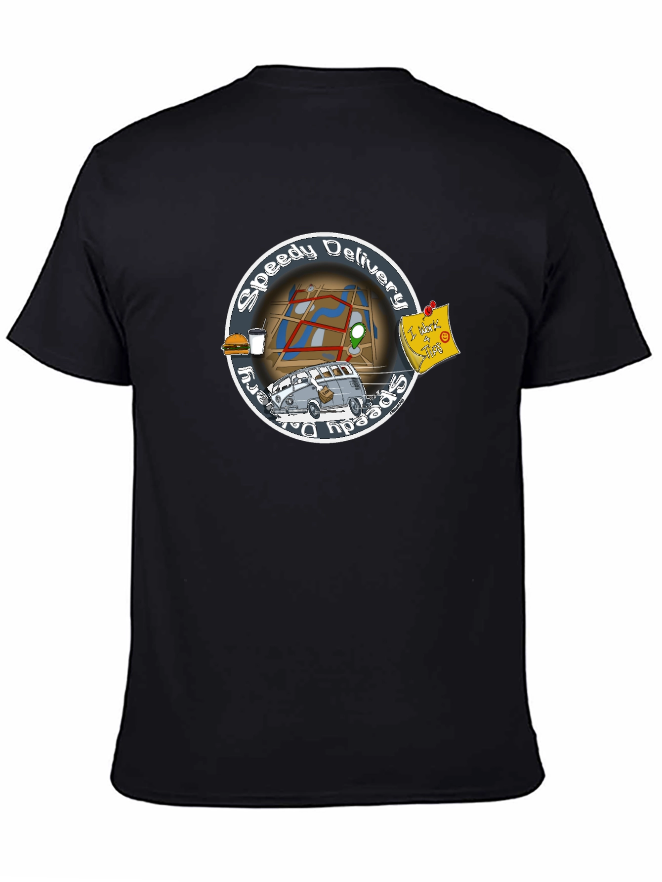 Speedy Delivery Black T-Shirt - Food and Map Design