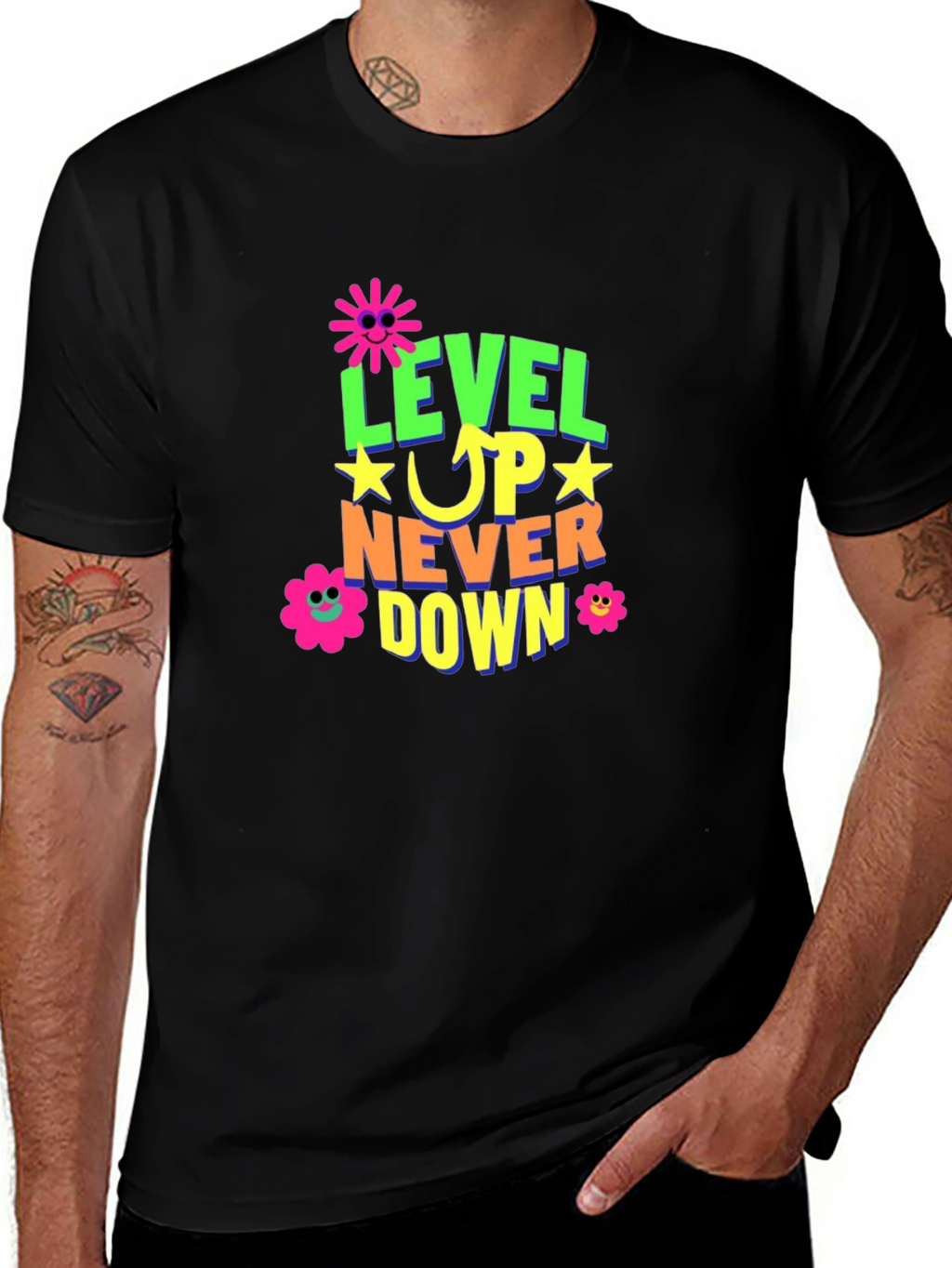 Level Up Graphic Print Black T-Shirt