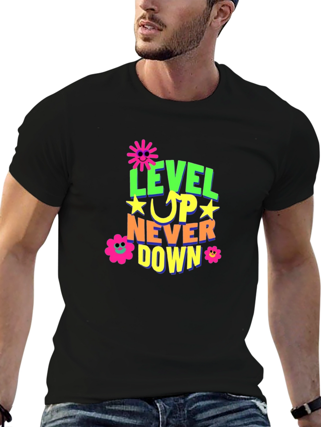 Level Up Graphic Print Black T-Shirt