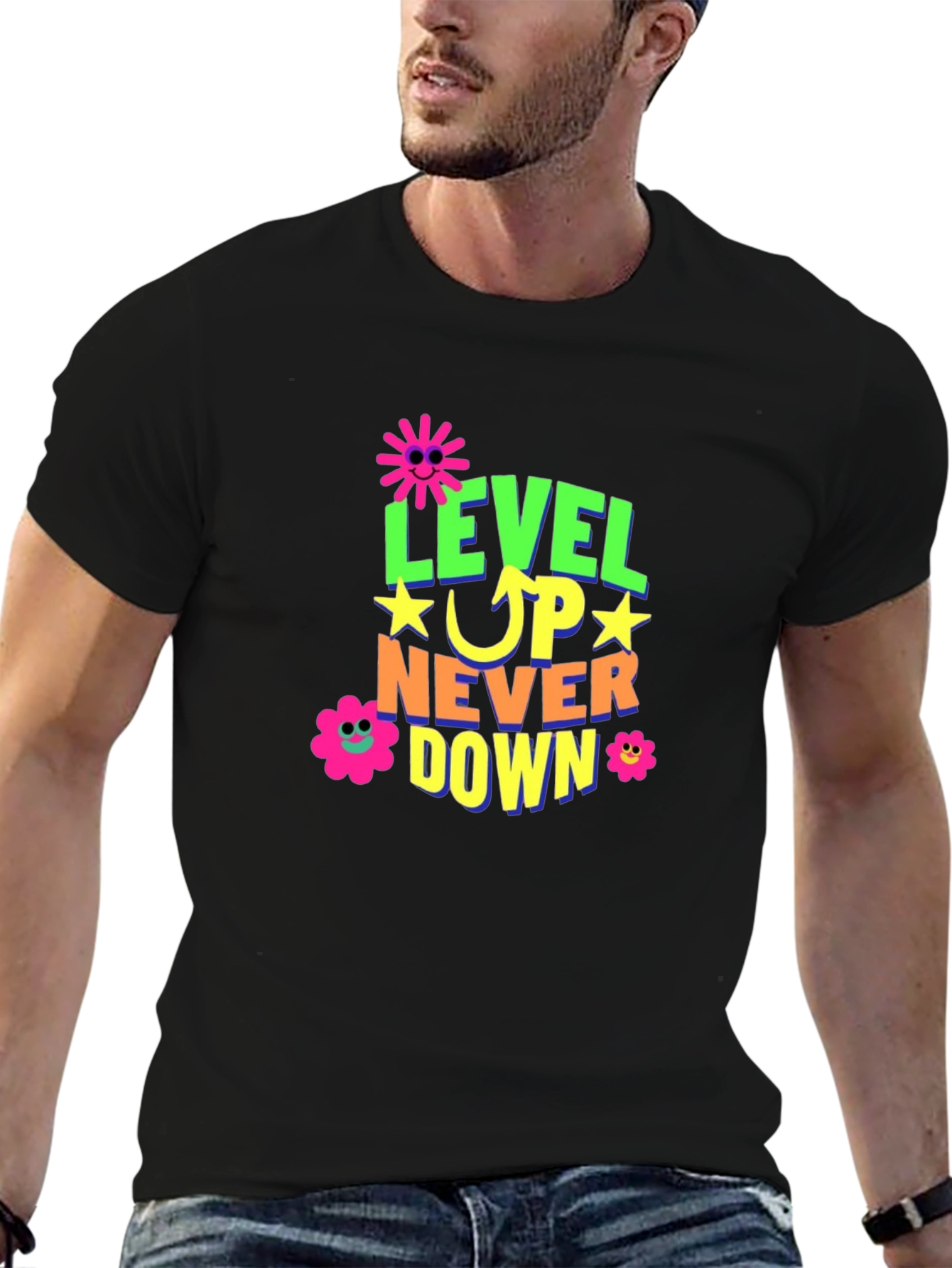 Level Up Graphic Print Black T-Shirt