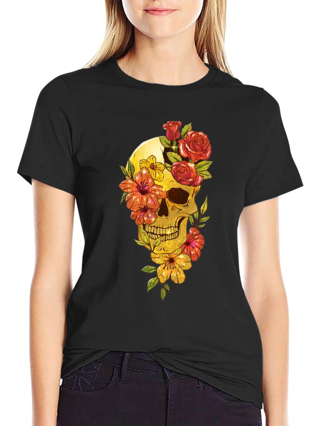 Floral Skull Graphic Tee - Mens Black T-Shirt