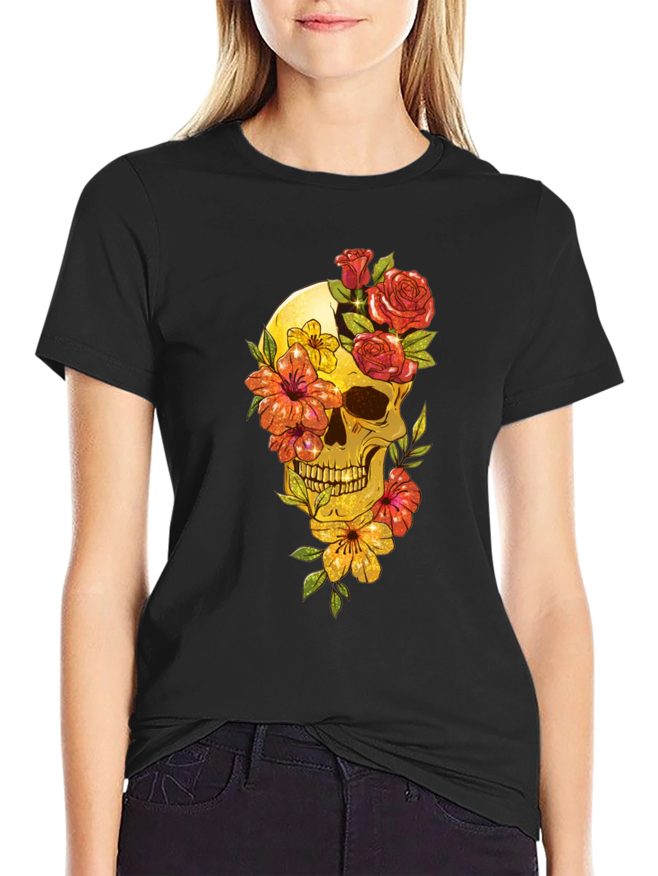 Floral Skull Graphic Tee - Mens Black T-Shirt