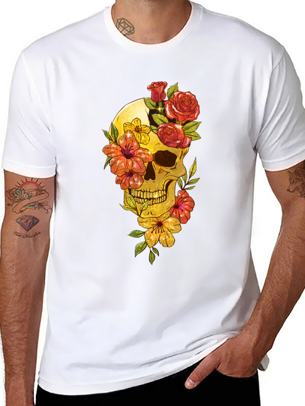 Floral Skull Graphic Tee - Mens Black T-Shirt