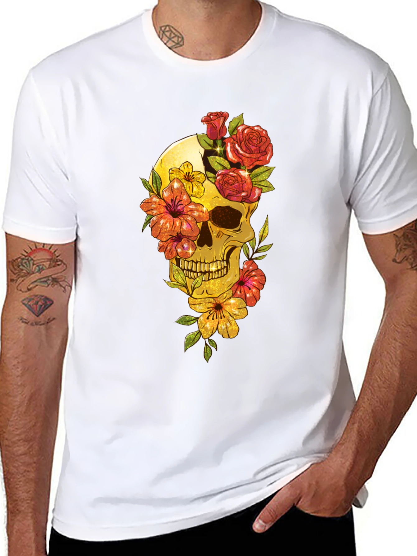 Floral Skull Graphic Tee - Mens Black T-Shirt