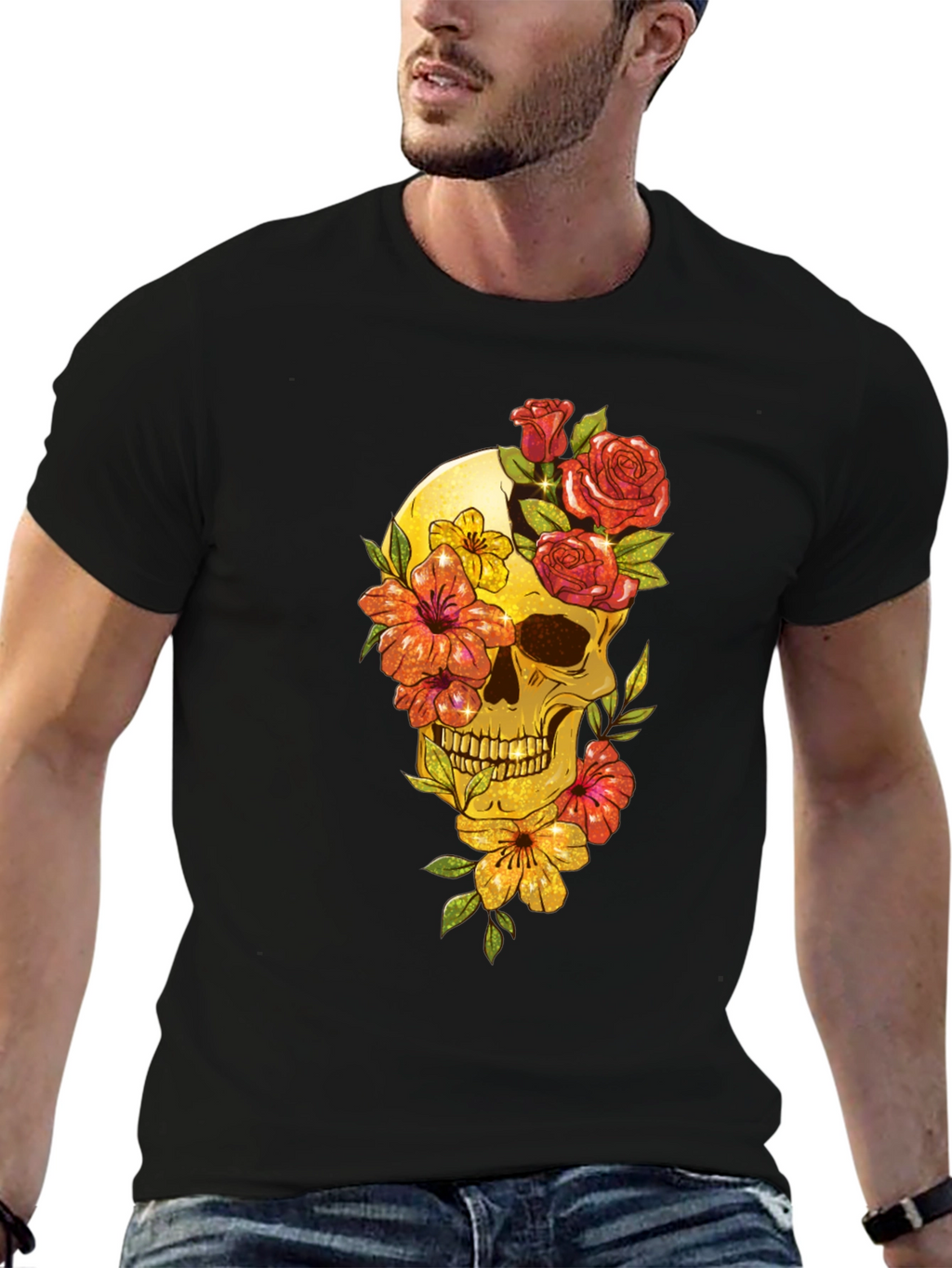 Floral Skull Graphic Tee - Mens Black T-Shirt