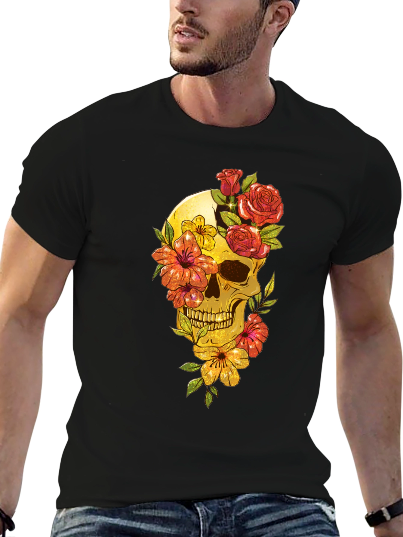 Floral Skull Graphic Tee - Mens Black T-Shirt