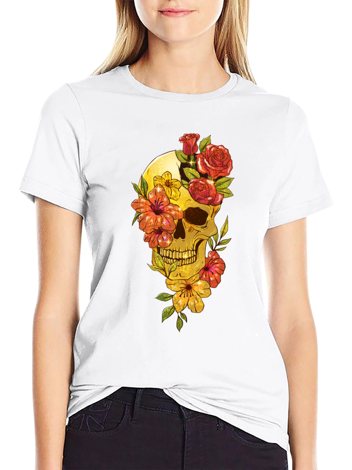 Floral Skull Graphic Tee - Mens Black T-Shirt