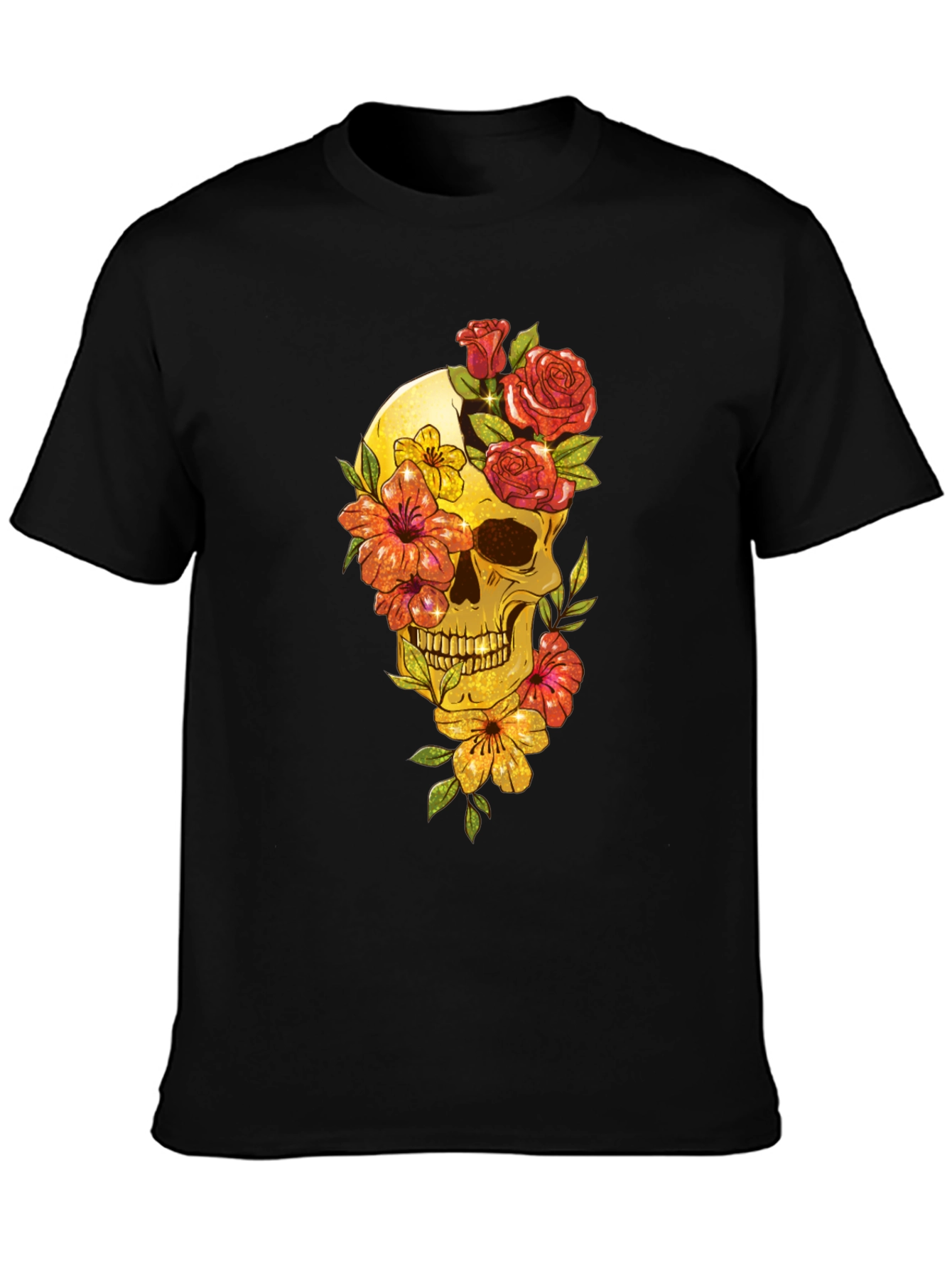 Floral Skull Graphic Tee - Mens Black T-Shirt