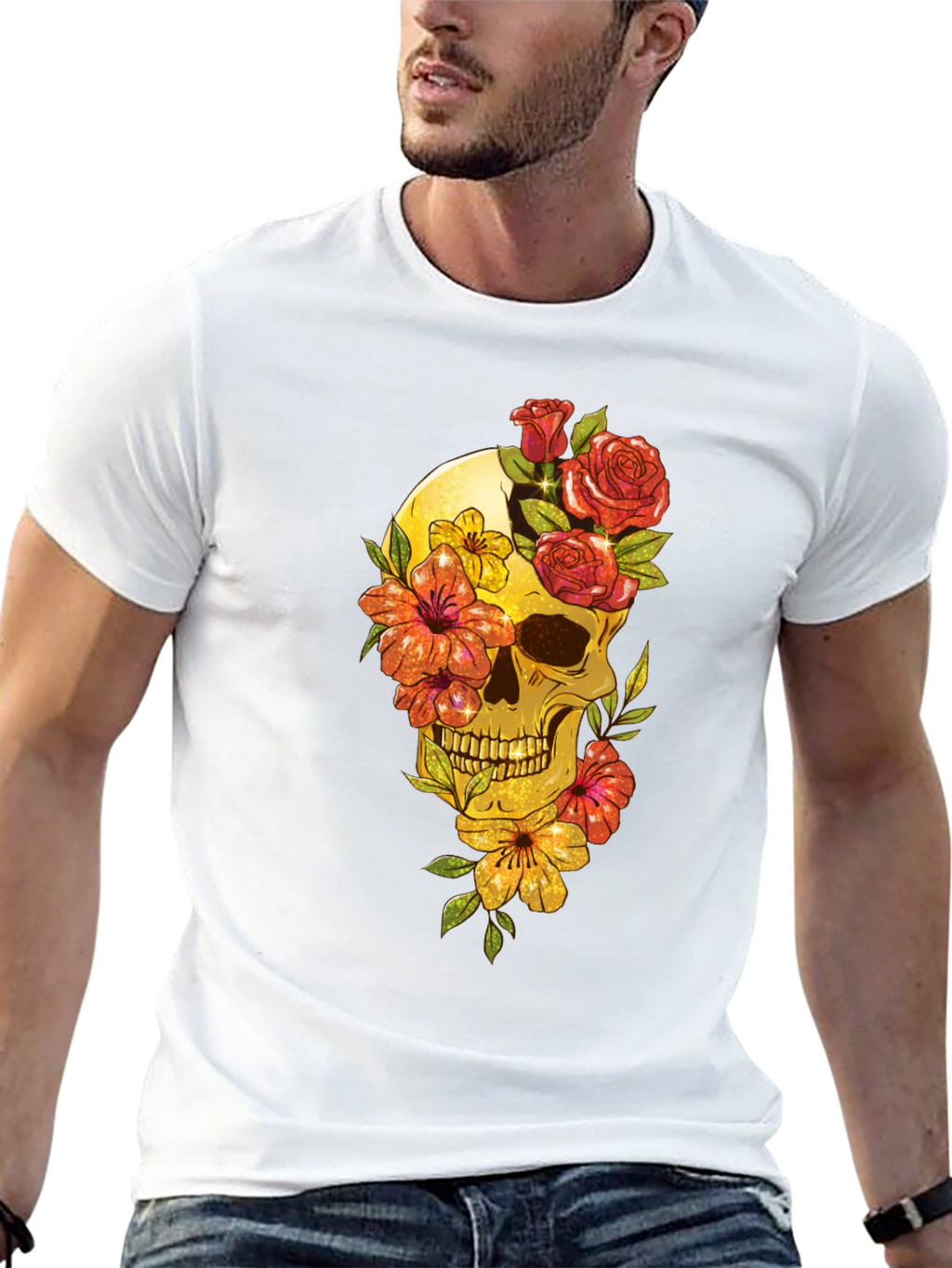Floral Skull Graphic Tee - Mens Black T-Shirt