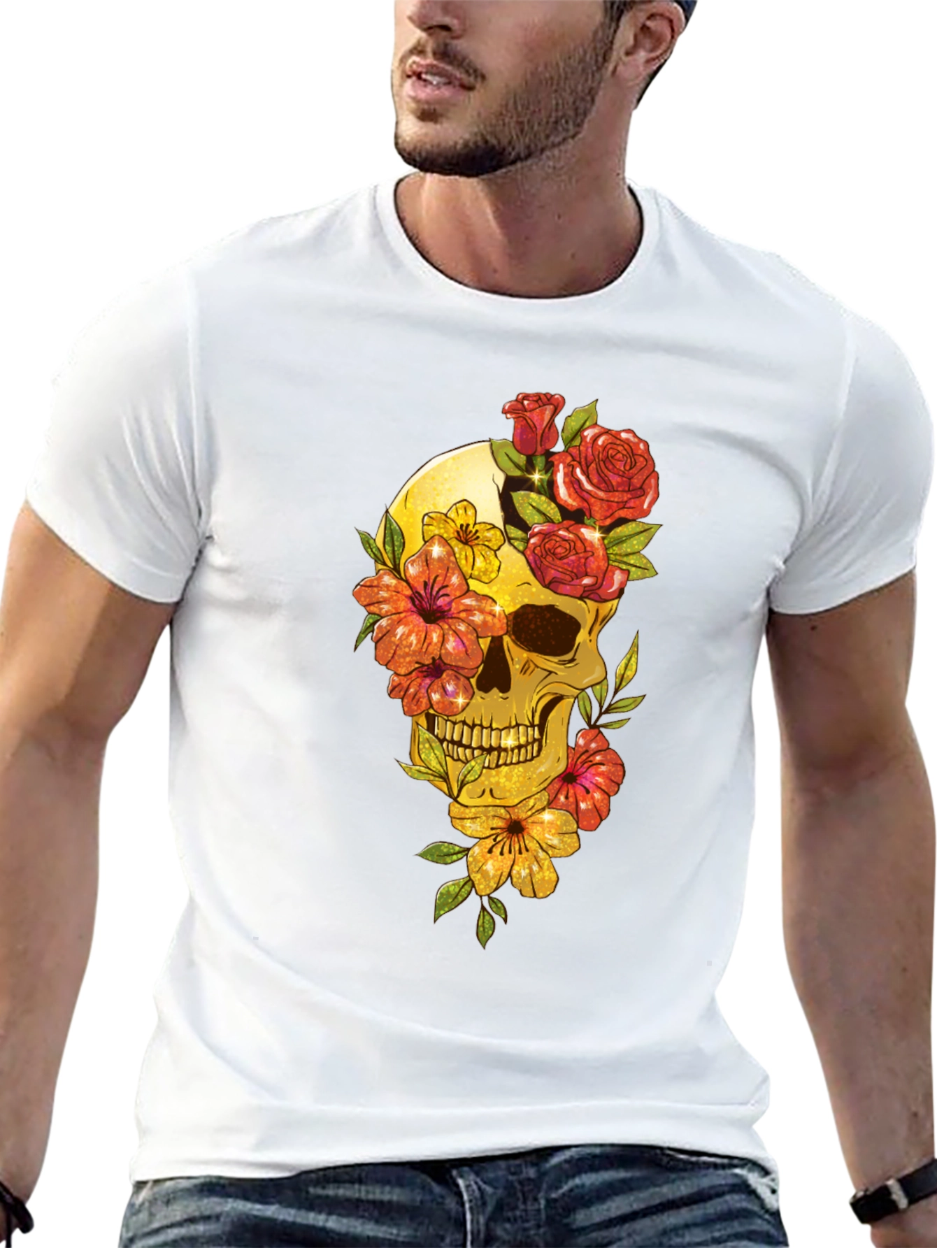 Floral Skull Graphic Tee - Mens Black T-Shirt