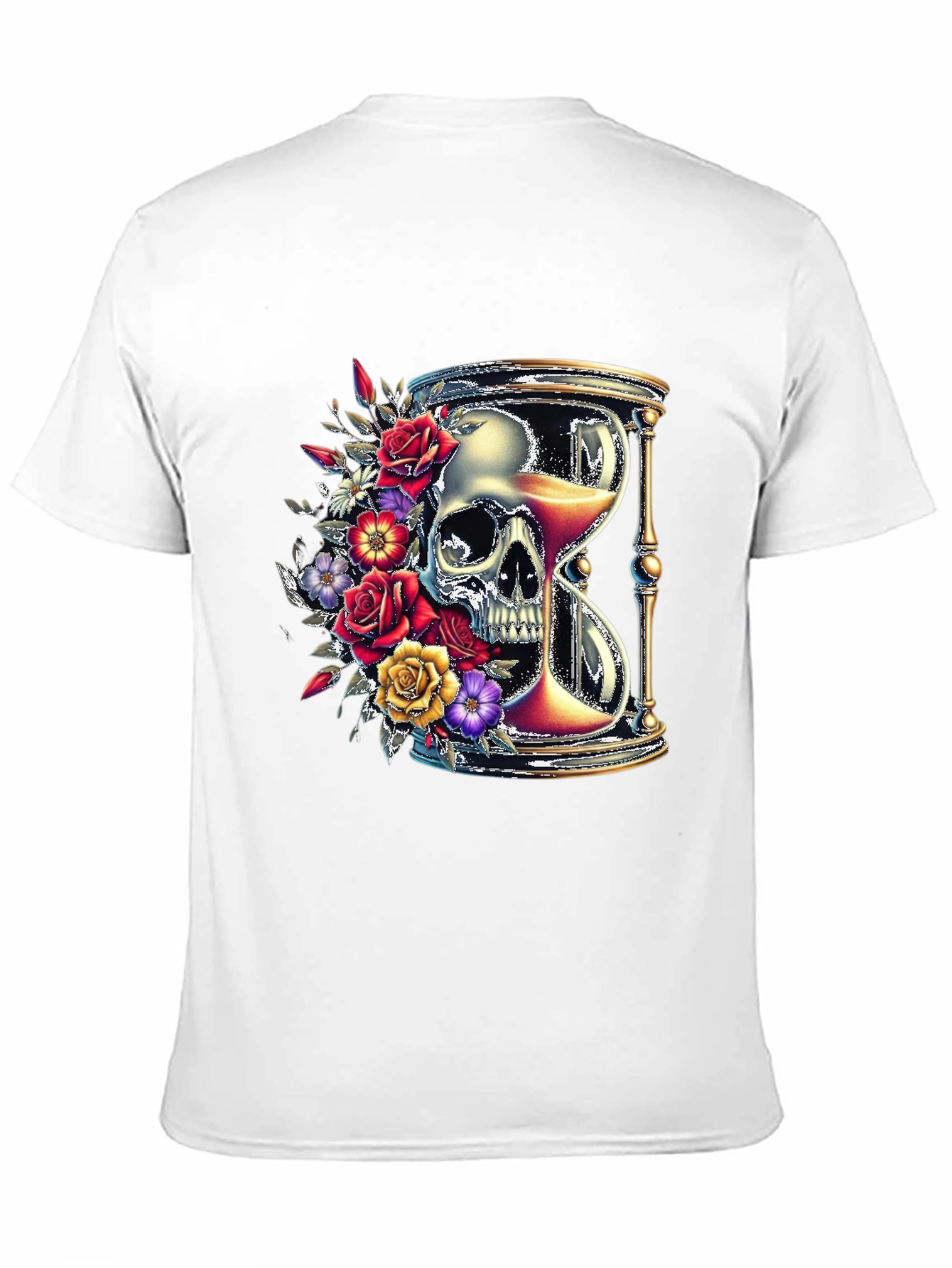 Floral Skull Hourglass Graphic Tee - Unique Design