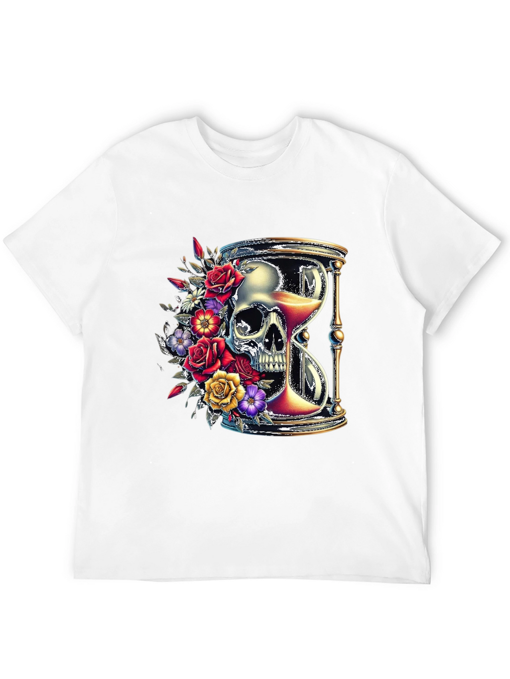 Floral Skull Hourglass Graphic Tee - Unique Design