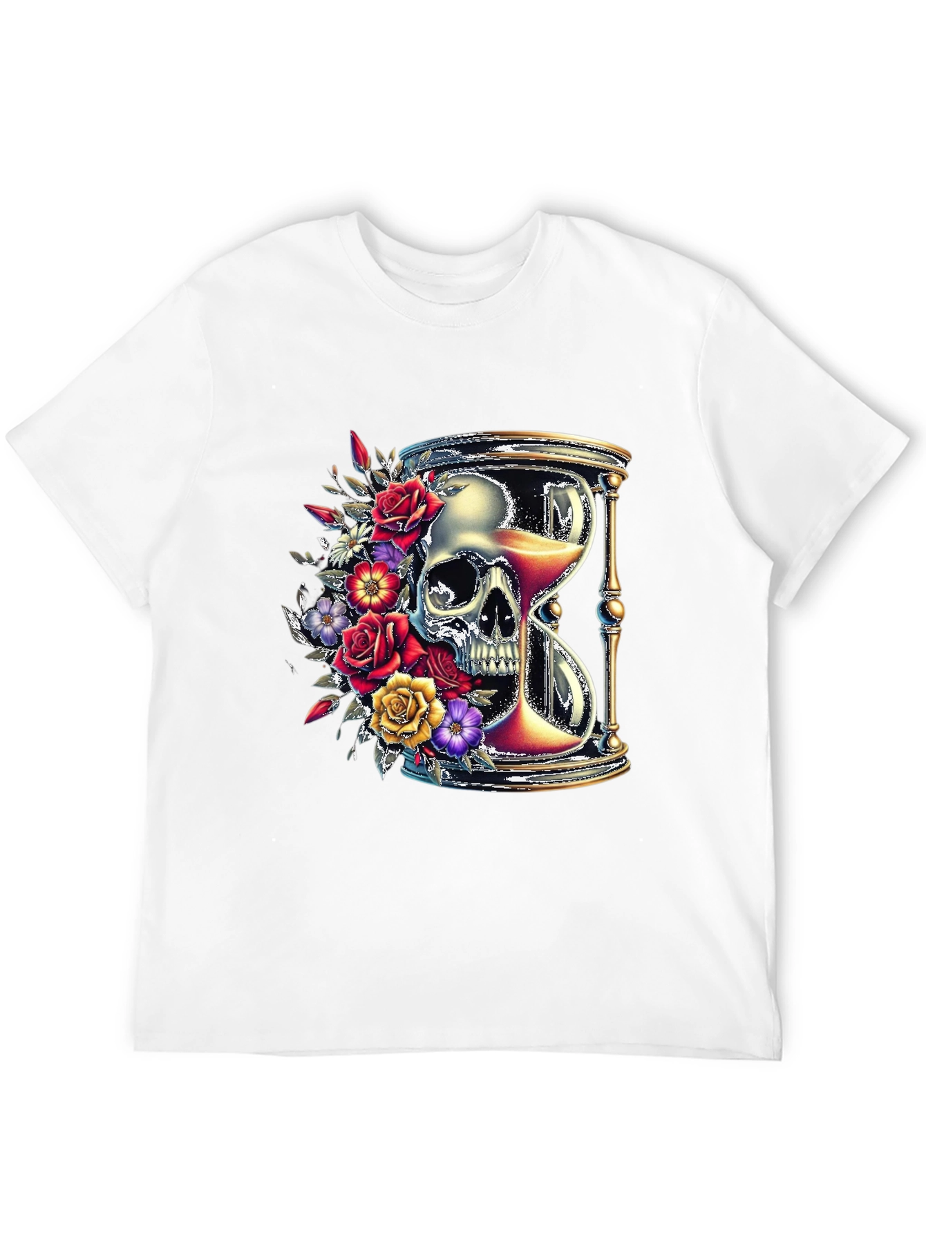 Floral Skull Hourglass Graphic Tee - Unique Design