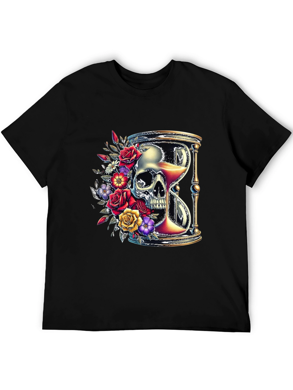 Floral Skull Hourglass Graphic Tee - Unique Design