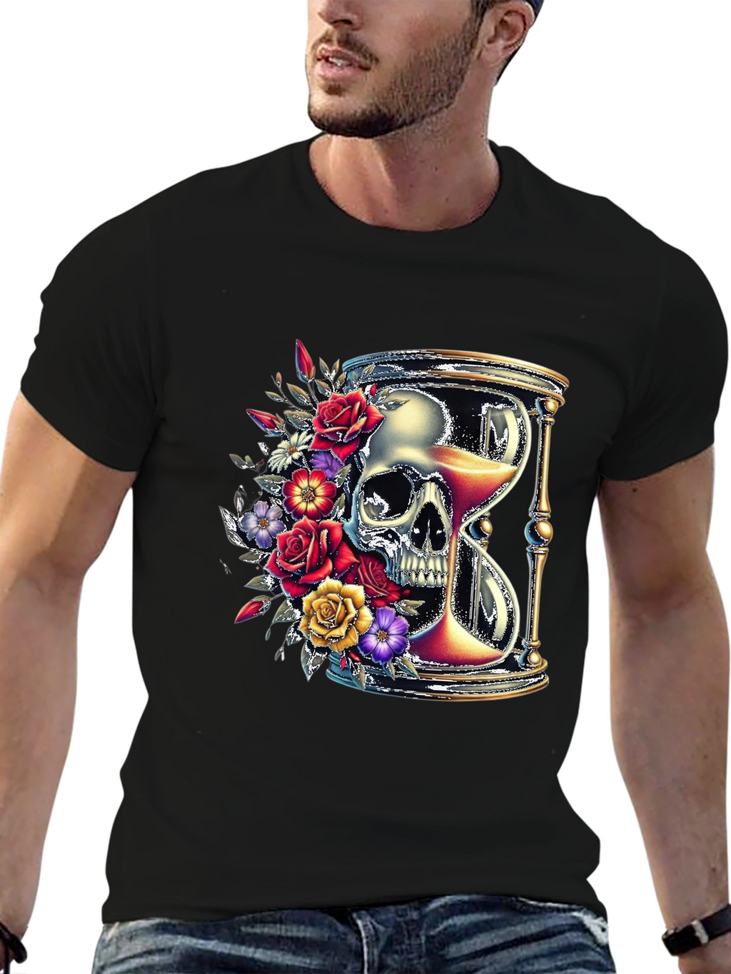 Floral Skull Hourglass Graphic Tee - Unique Design