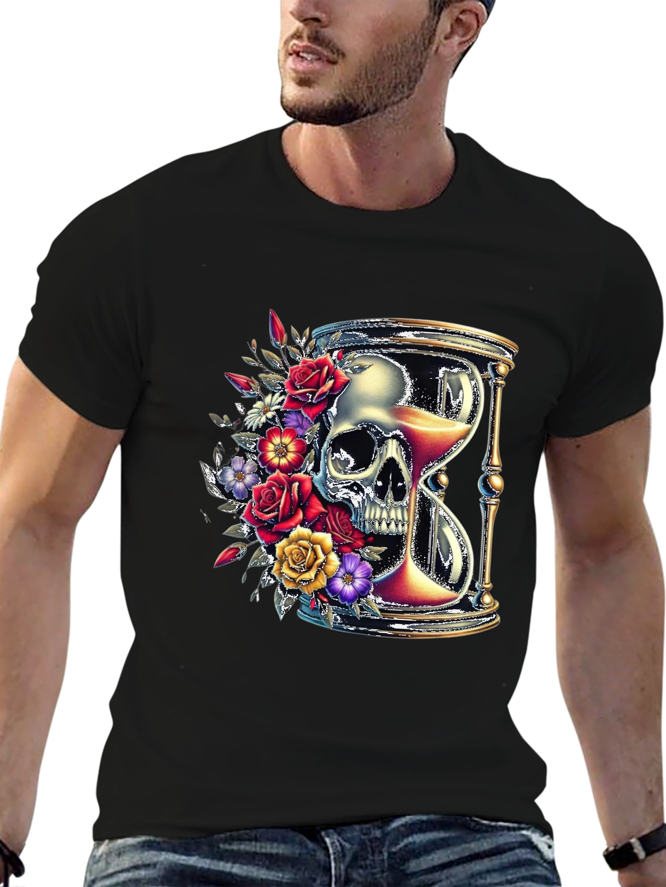 Floral Skull Hourglass Graphic Tee - Unique Design
