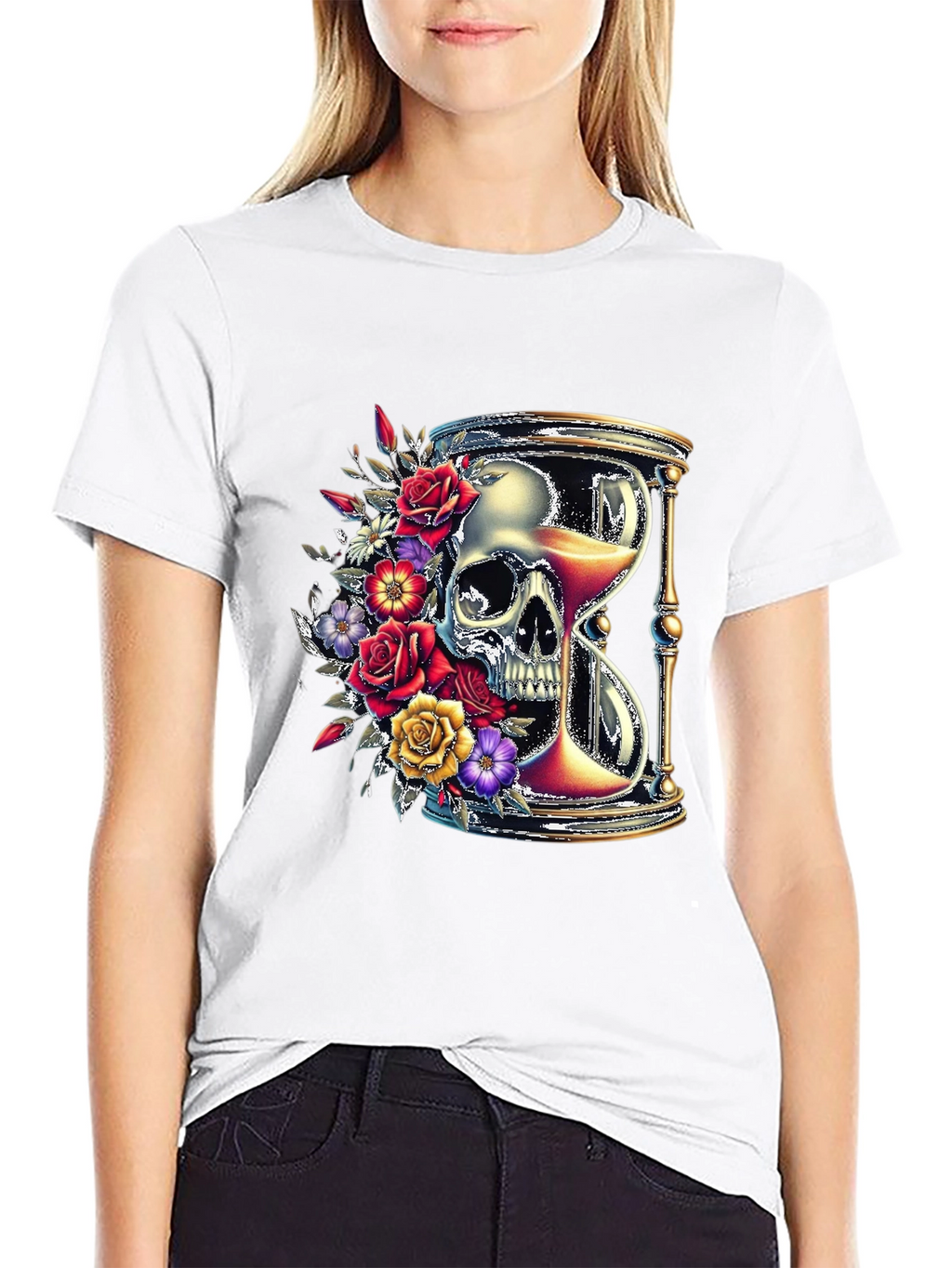 Floral Skull Hourglass Graphic Tee - Unique Design