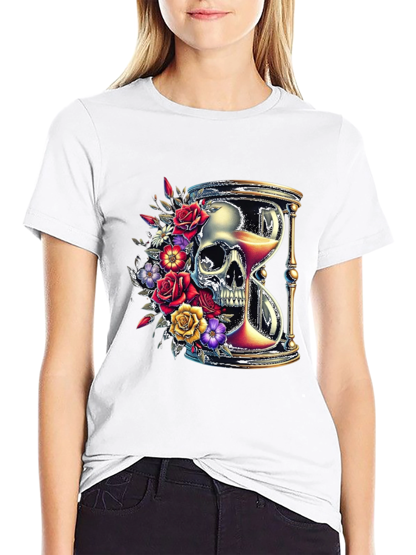 Floral Skull Hourglass Graphic Tee - Unique Design