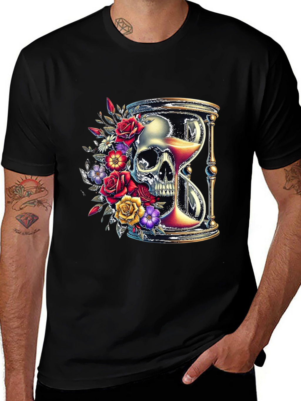 Floral Skull Hourglass Graphic Tee - Unique Design