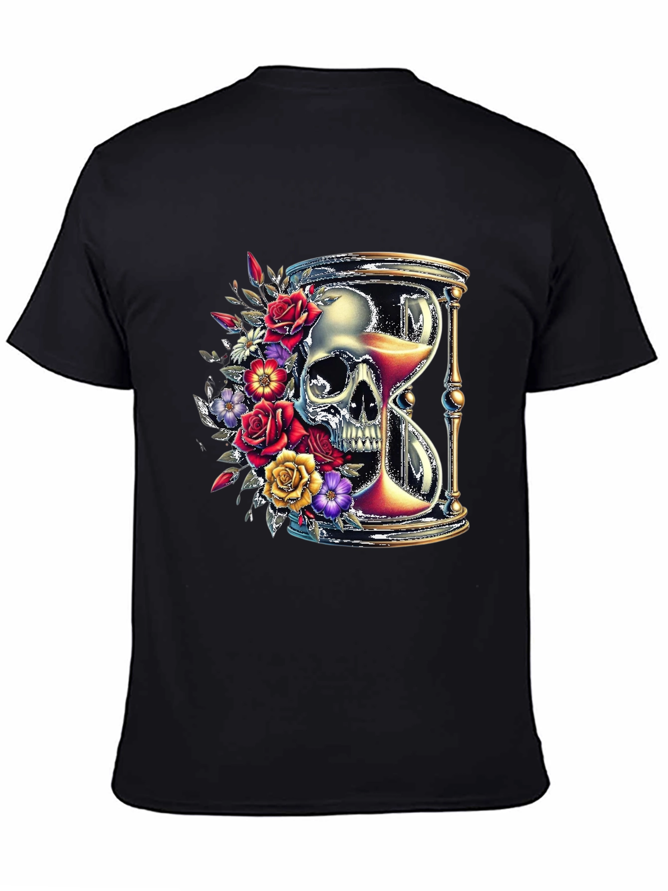 Floral Skull Hourglass Graphic Tee - Unique Design