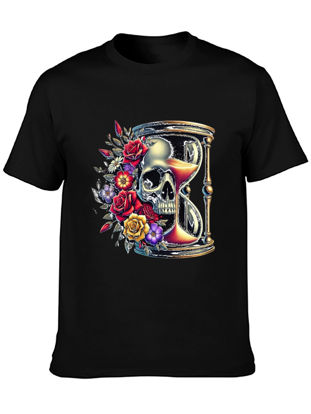Floral Skull Hourglass Graphic Tee - Unique Design