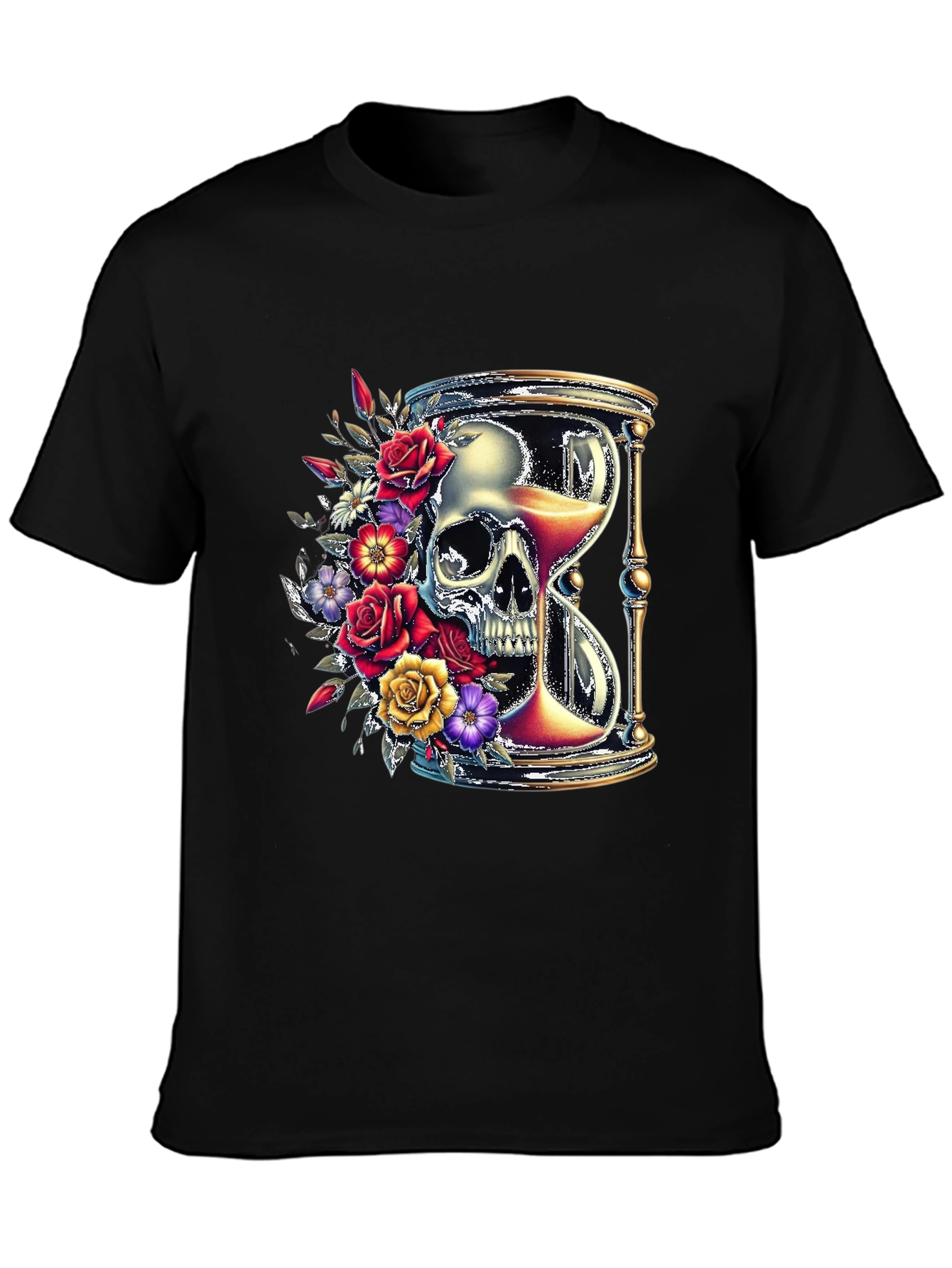 Floral Skull Hourglass Graphic Tee - Unique Design