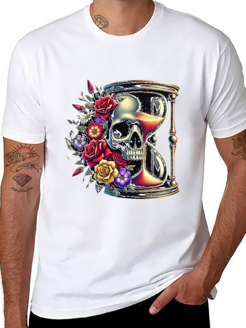 Floral Skull Hourglass Graphic Tee - Unique Design