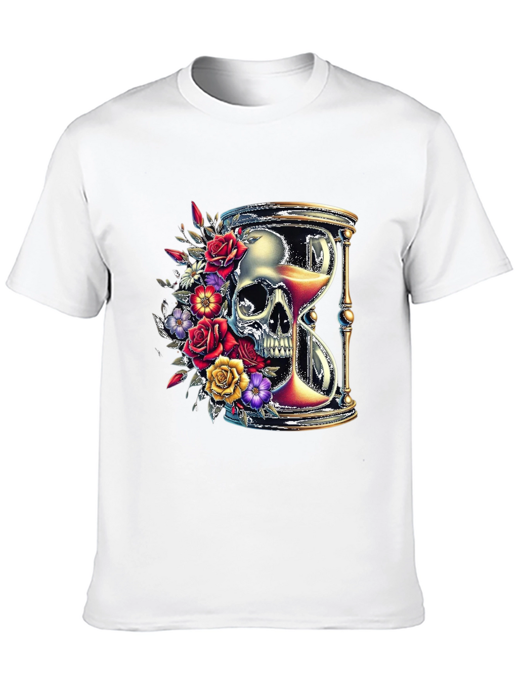 Floral Skull Hourglass Graphic Tee - Unique Design
