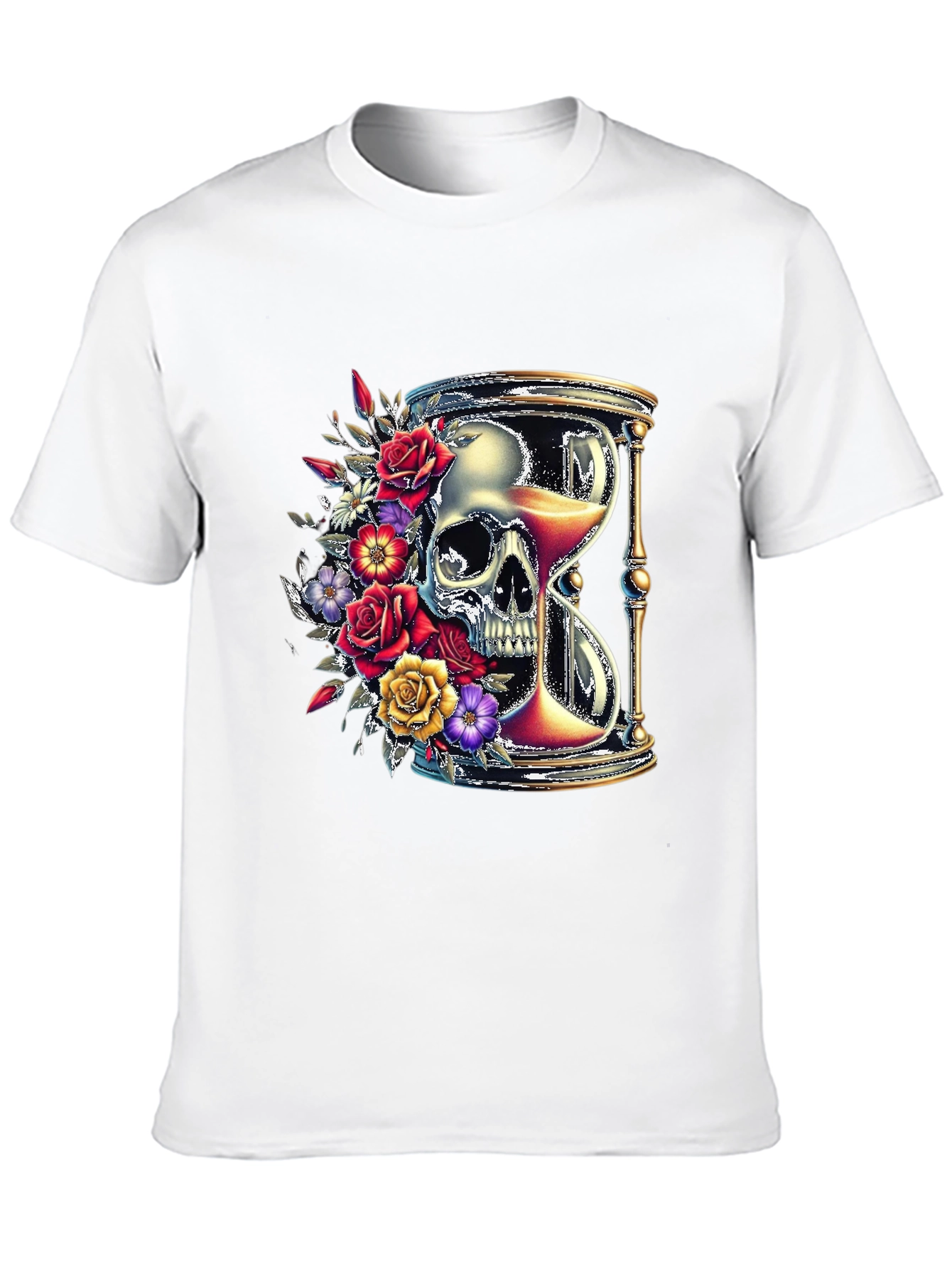 Floral Skull Hourglass Graphic Tee - Unique Design